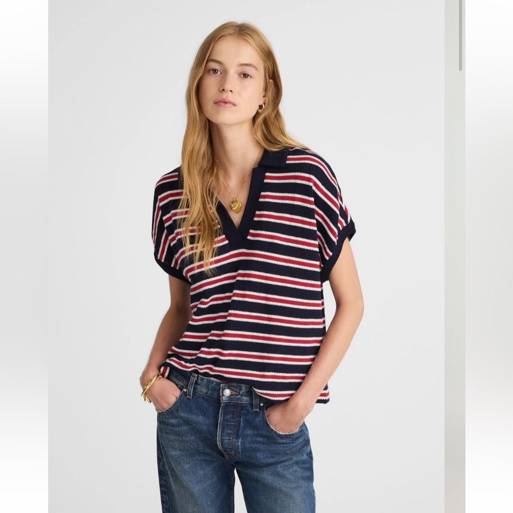 Madewell Navy, White & Red Striped V-Neck Sweater
